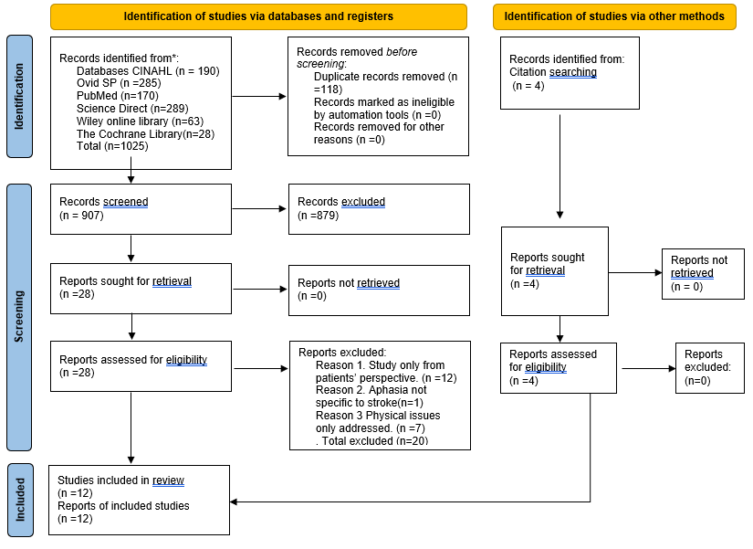 PRISMA flow diagram reporting 1,025 identified database records, four citation records, screening and 12 studies included in the systematic review